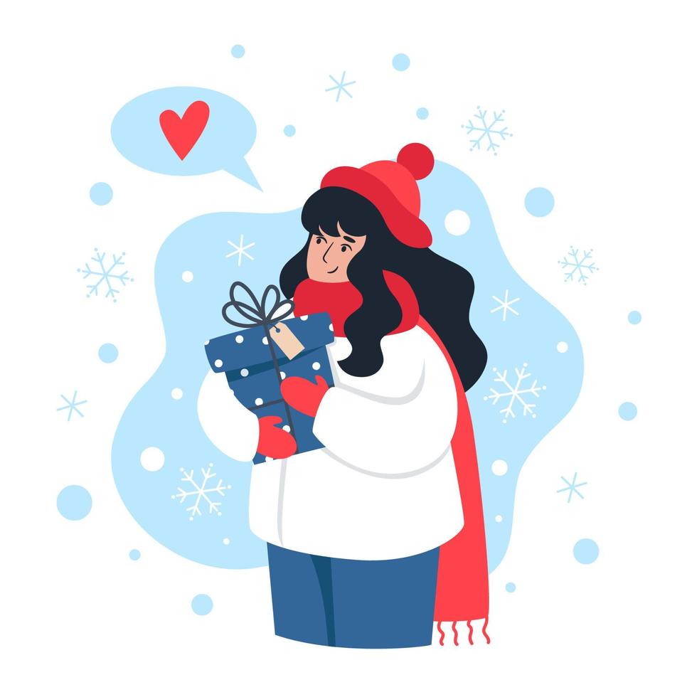 Woman holding a gift and catches snowflakes with her hand vector