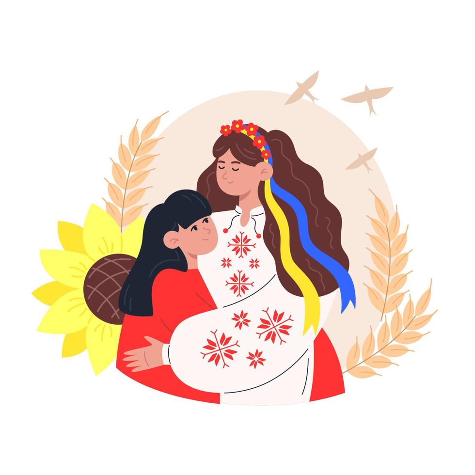 mujer joven ucraniana en ropa nacional abraza a un niño vector