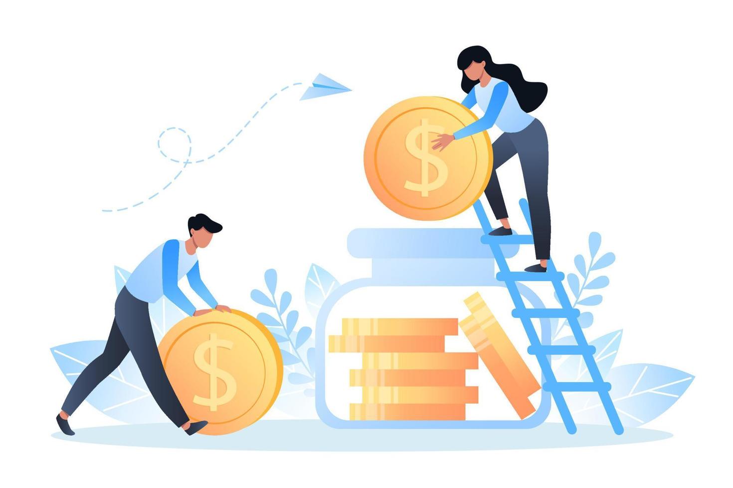 Saving and investing money, people stack dollar coins in money box vector