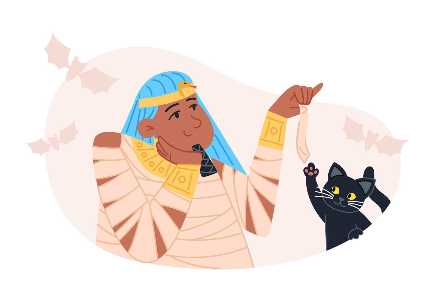 Halloween character Pharaoh playing with black cat vector