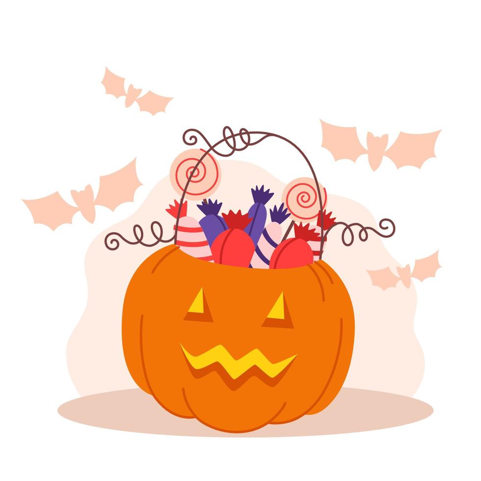 Halloween pumpkin lanterns with sweets, trick or treating vector