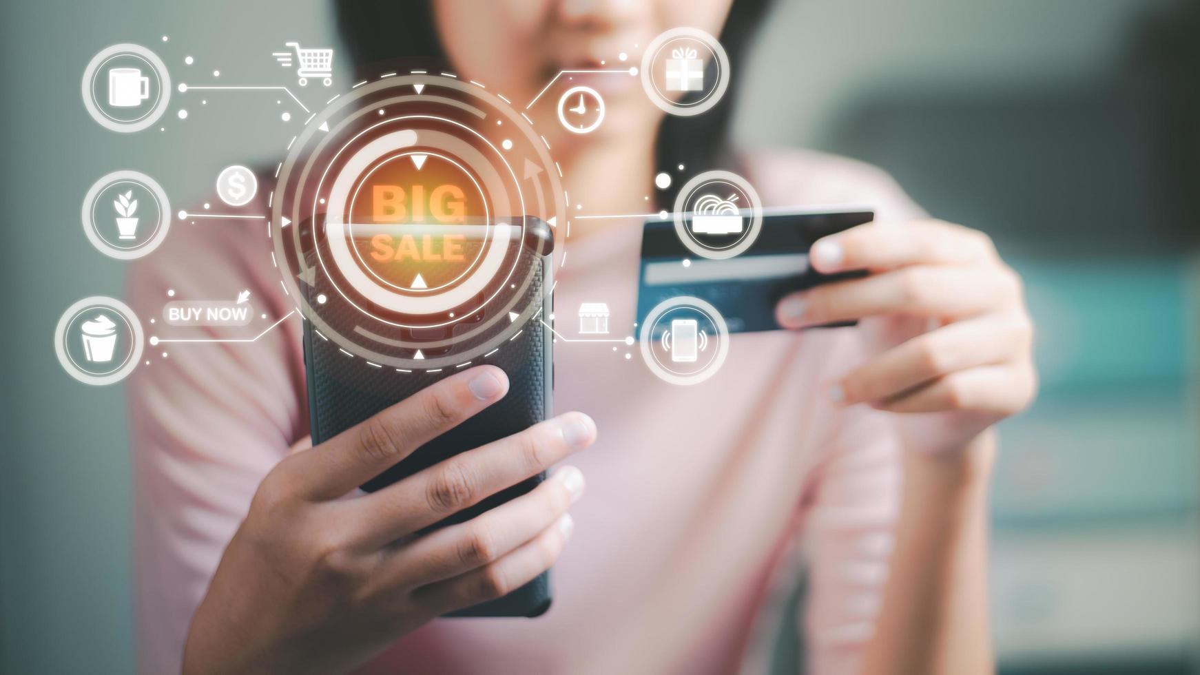 Young woman using credit card online shopping via smartphone,consumer payment concept with internet technology,e-commerce payment,Consumer society,Shopping service on The online web. photo
