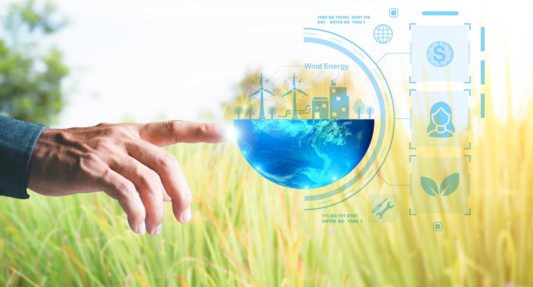 Young businessman pointing to an icon , Alternative energy concepts to conserve resources that uses wind energy to convert to electricity, an innovation of green energy derived from nature photo