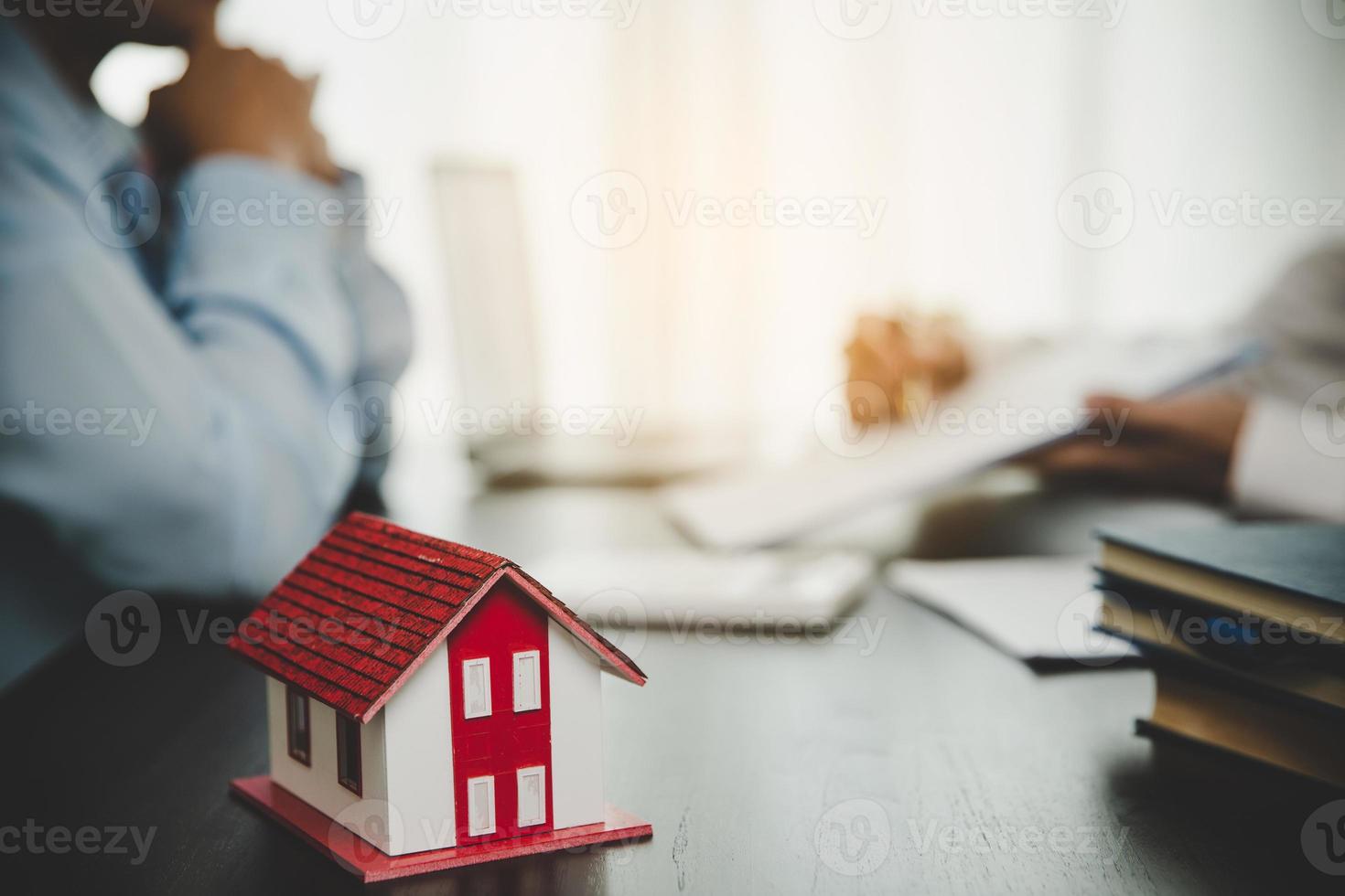 Broker advisor consulting a client. Real estate agent offer hand for customer sign agreement contract signature for buy or sell house. Business mortgage concept and insurance home photo