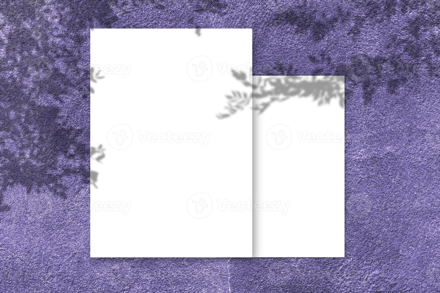Blank white square poster mockup with light shadow on purple concrete wall background. photo