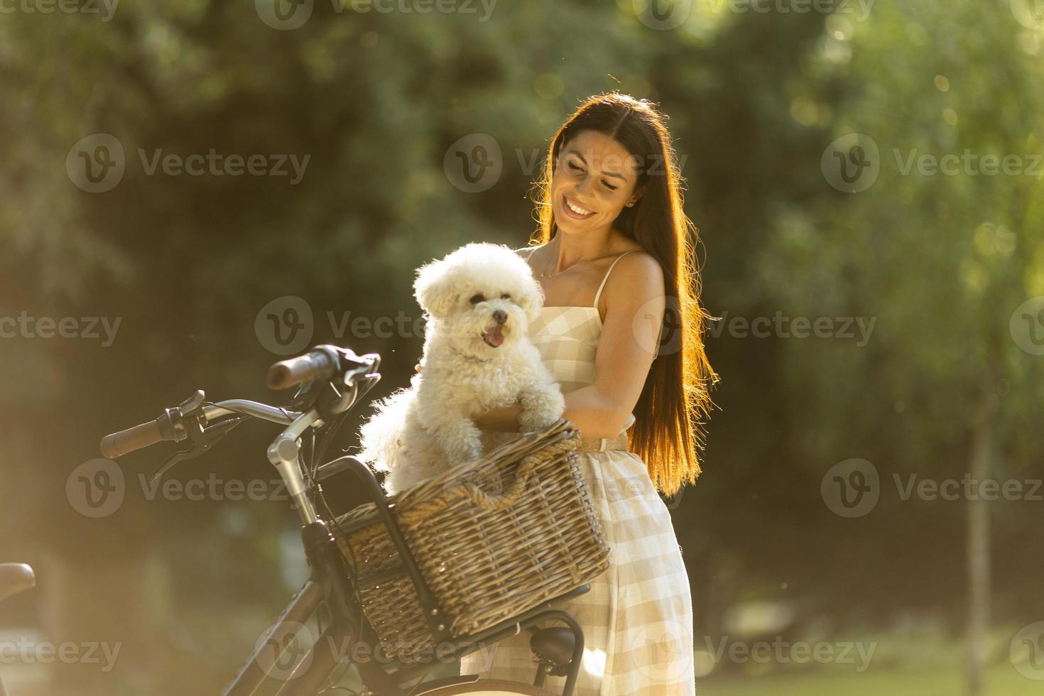 mujer joven con perro bichon frise blanco en la cesta de la bicicleta eléctrica foto