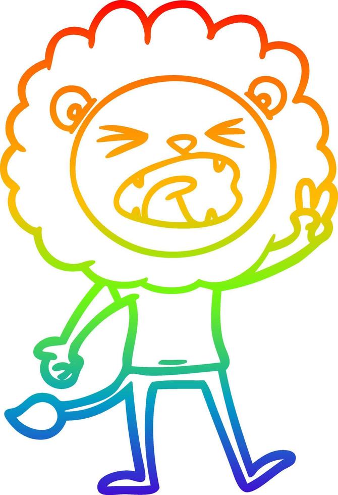 rainbow gradient line drawing cartoon lion giving peac sign vector
