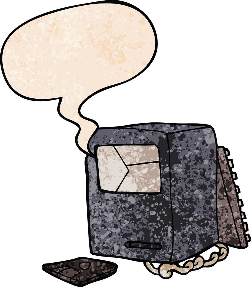 cartoon broken old computer and speech bubble in retro texture style vector