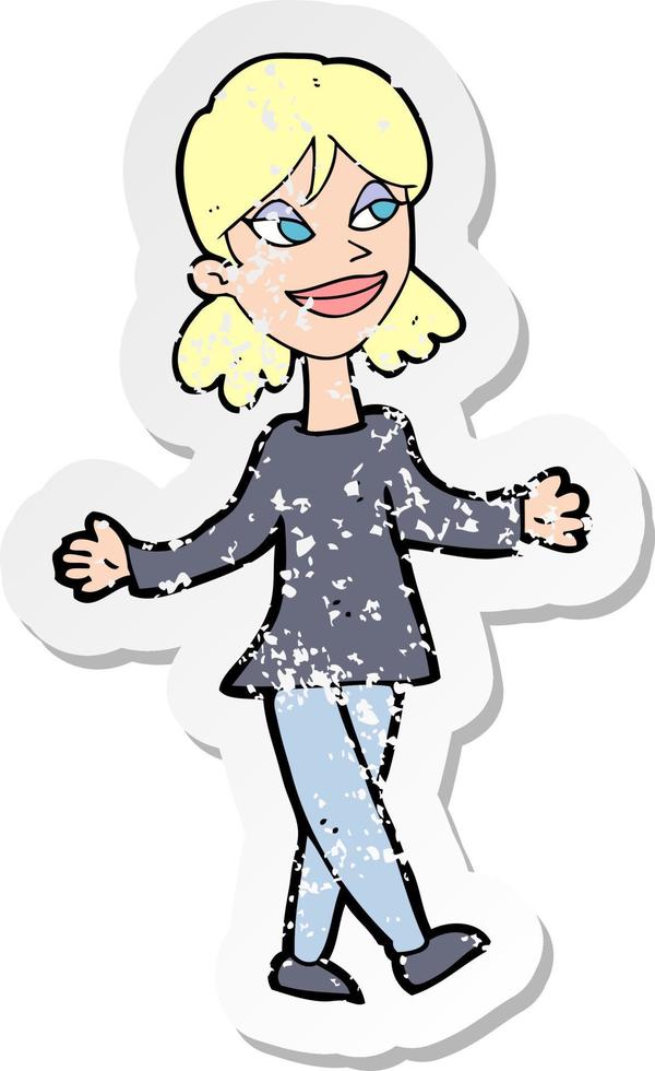 retro distressed sticker of a cartoon woman with no worries vector