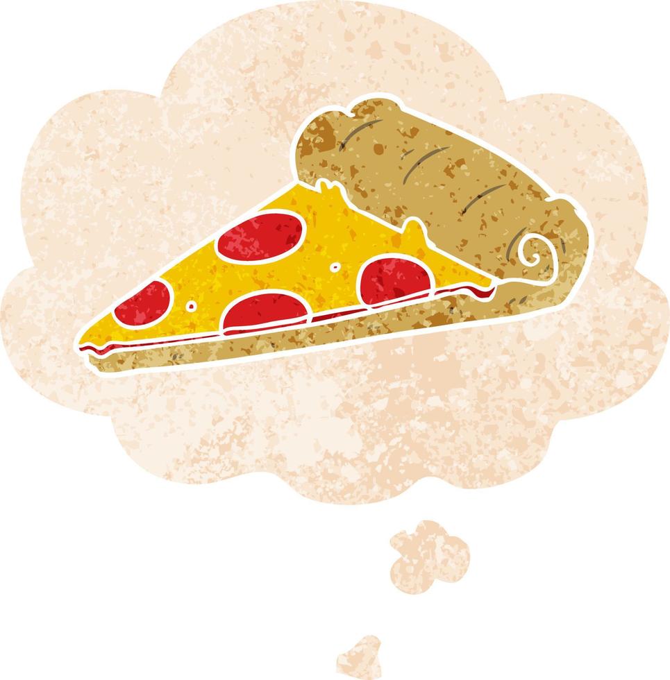 cartoon pizza slice and thought bubble in retro textured style vector