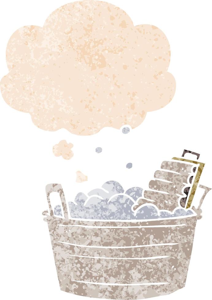 cartoon old washboard and bucket and thought bubble in retro textured