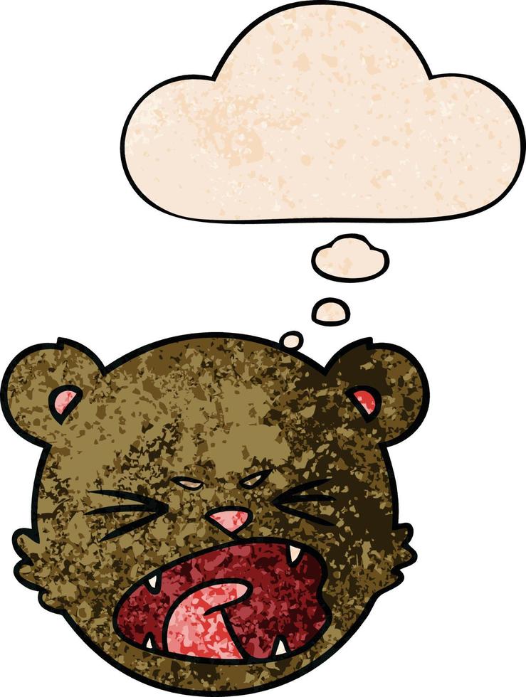 Cara de oso de peluche de dibujos animados lindo y burbuja de pensamiento en estilo de patrón de textura grunge vector