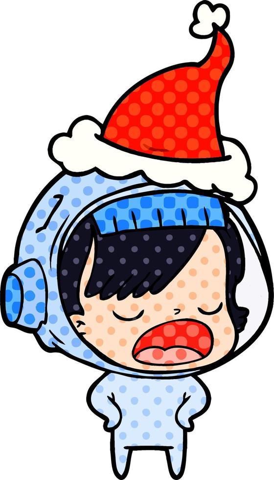 comic book style illustration of a astronaut woman explaining wearing santa hat vector