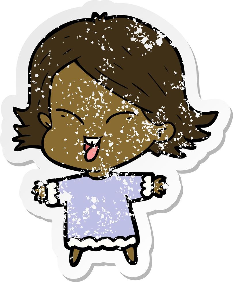 distressed sticker of a happy cartoon girl vector