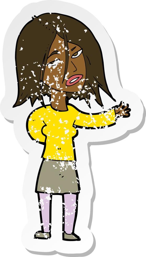 retro distressed sticker of a cartoon unhappy woman vector