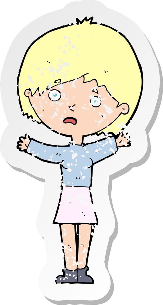 retro distressed sticker of a cartoon worried woman vector