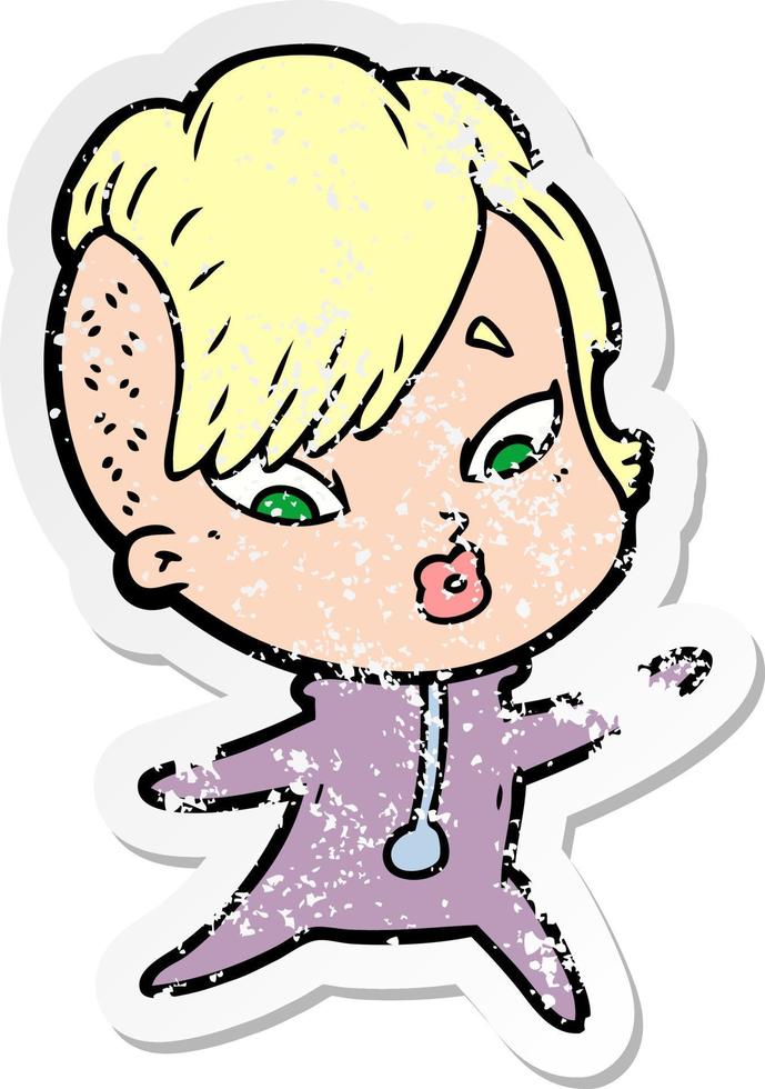 distressed sticker of a cartoon surprised girl in science fiction clothes vector