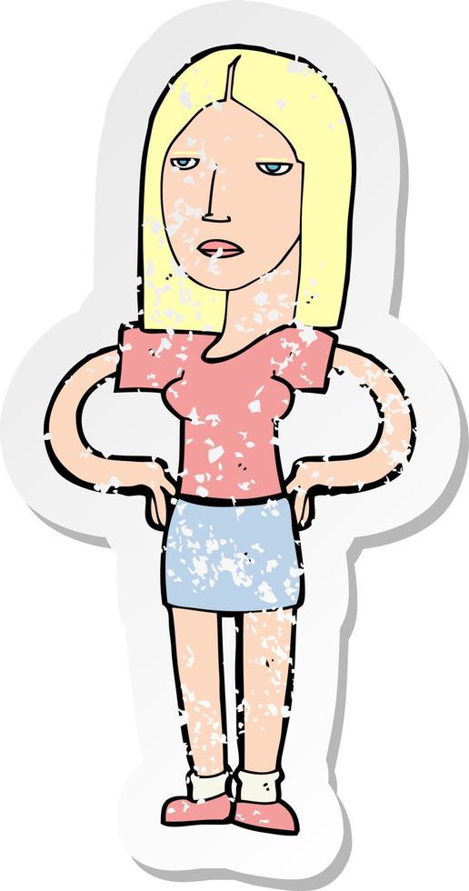 retro distressed sticker of a cartoon woman with hands on hips vector