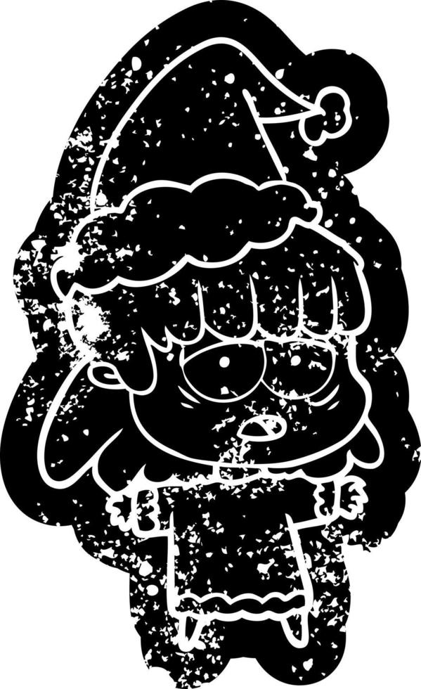 cartoon distressed icon of a tired woman wearing santa hat vector