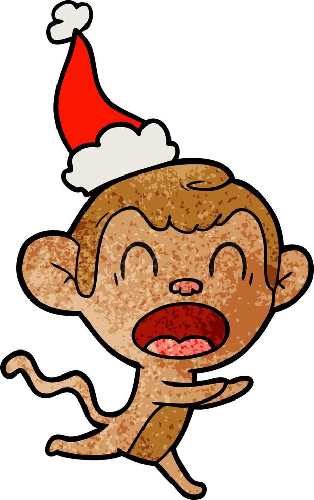 shouting textured cartoon of a monkey wearing santa hat vector