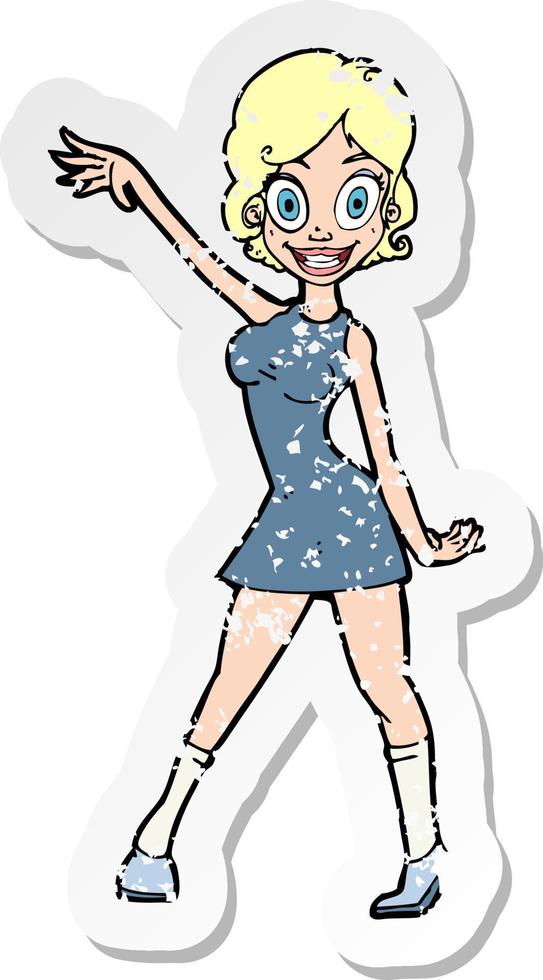 retro distressed sticker of a cartoon party girl vector