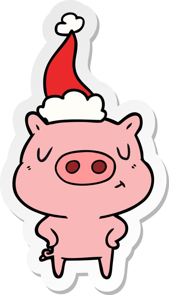 sticker cartoon of a content pig wearing santa hat vector
