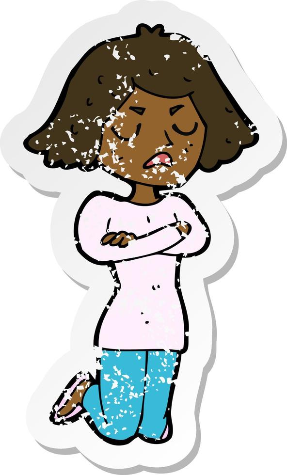 retro distressed sticker of a cartoon annoyed woman vector