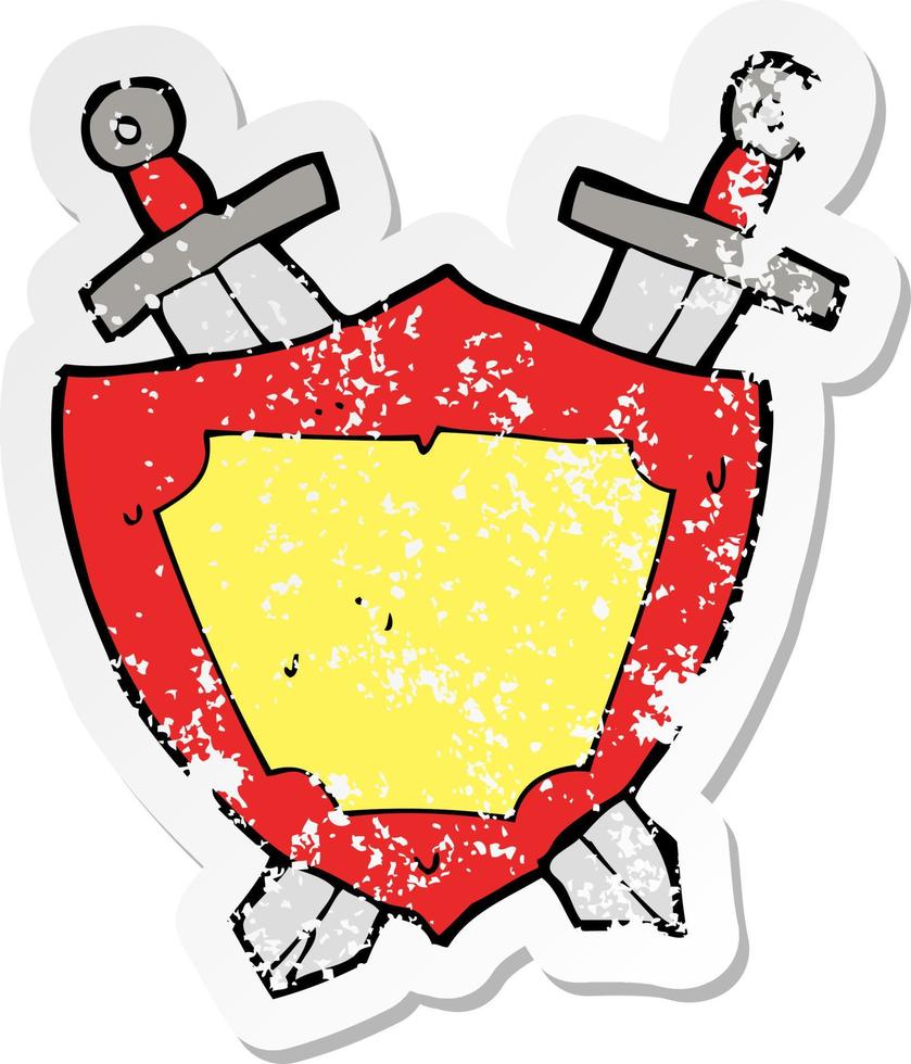 retro distressed sticker of a cartoon shield and swords vector