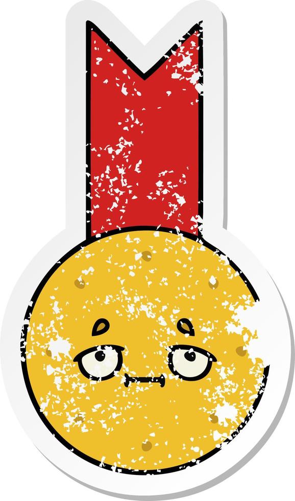 pegatina angustiada de una linda medalla de oro de dibujos animados vector