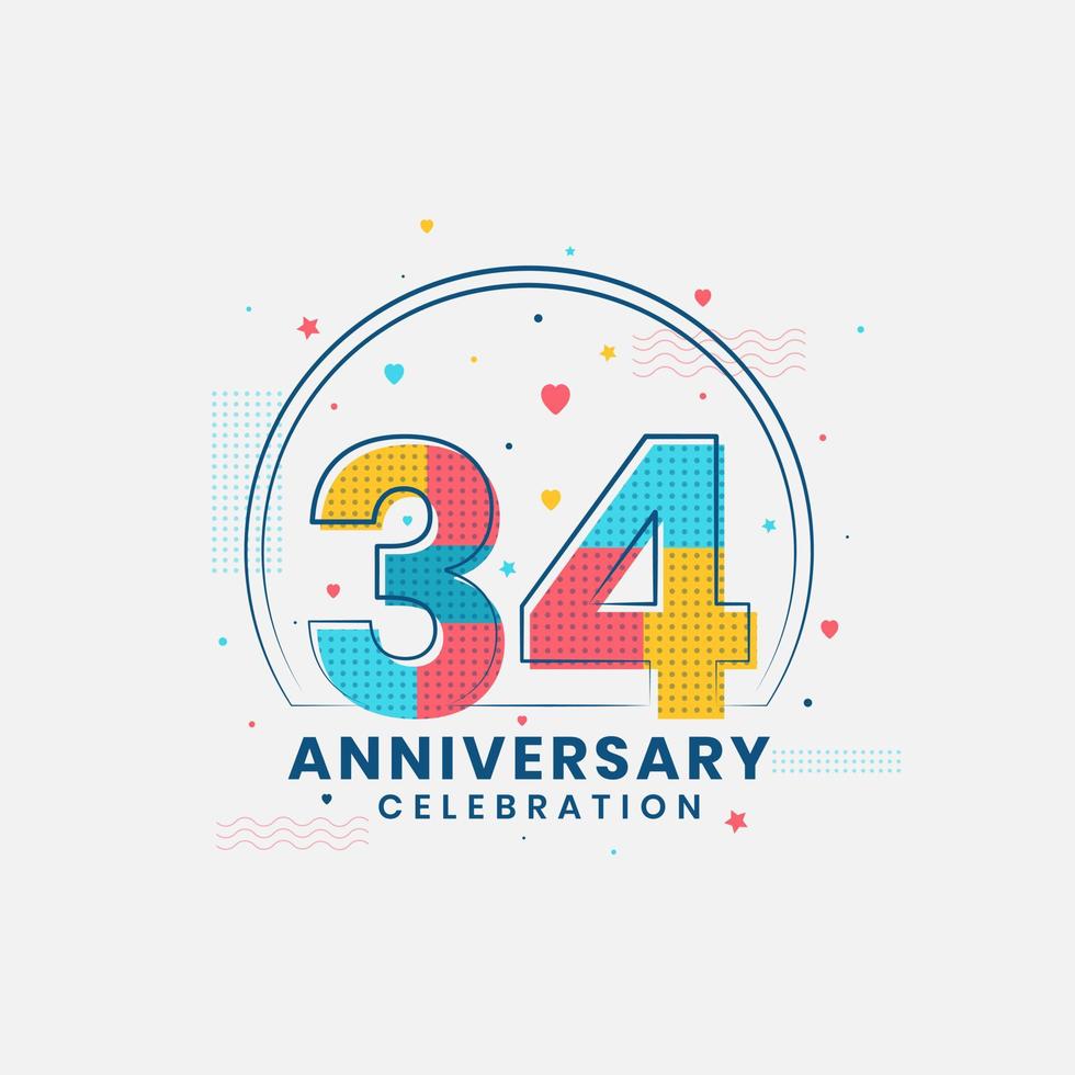 Celebración del 34 aniversario, diseño moderno del 34 aniversario. vector