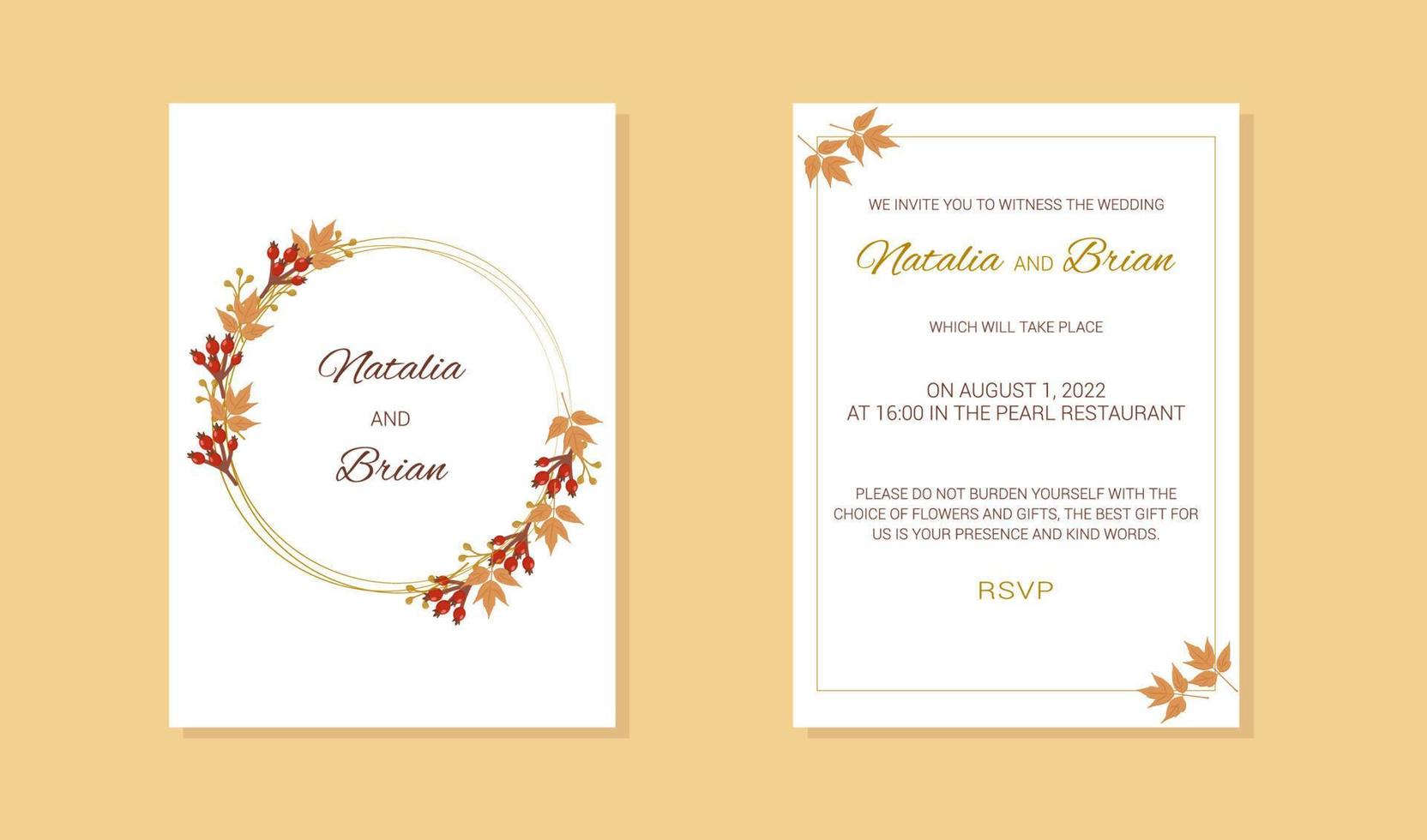 invitación de boda con un marco de hojas de otoño y bayas de rosa mosqueta vector