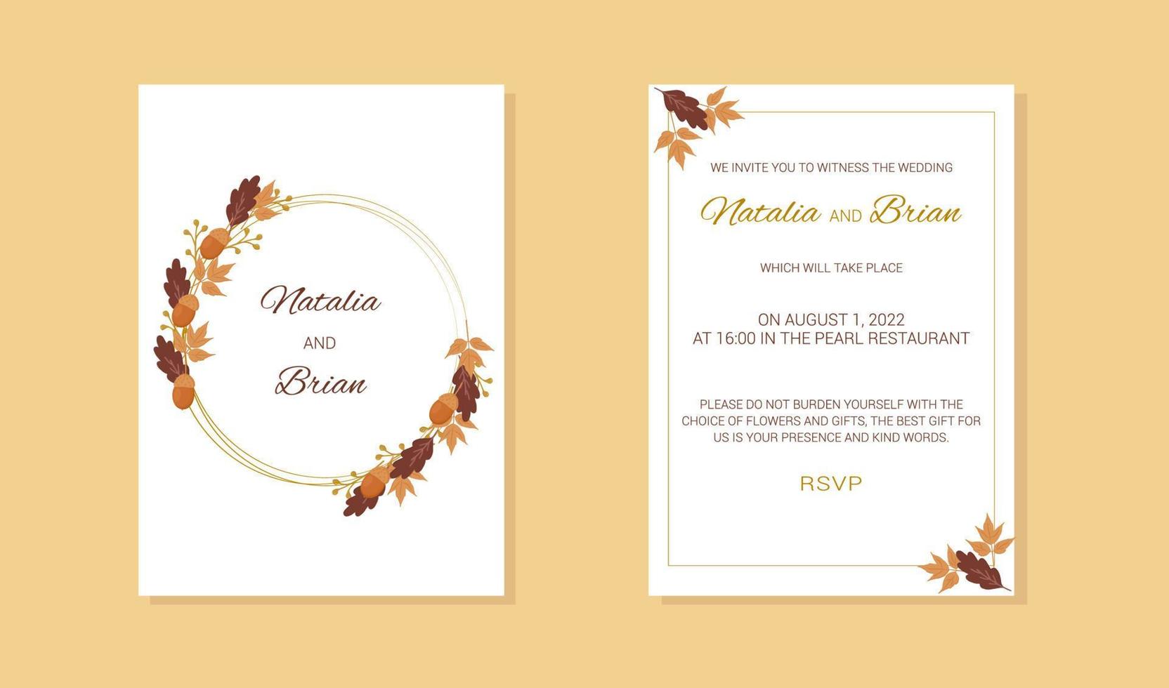 invitación de boda con marco hojas de roble ramitas bellota vector