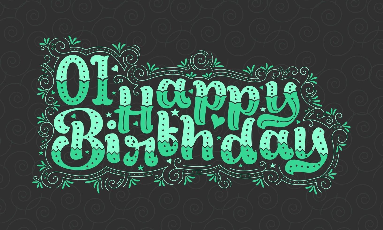 Primeras letras de feliz cumpleaños, hermoso diseño tipográfico de cumpleaños de 1 año con puntos verdes, líneas y hojas. vector