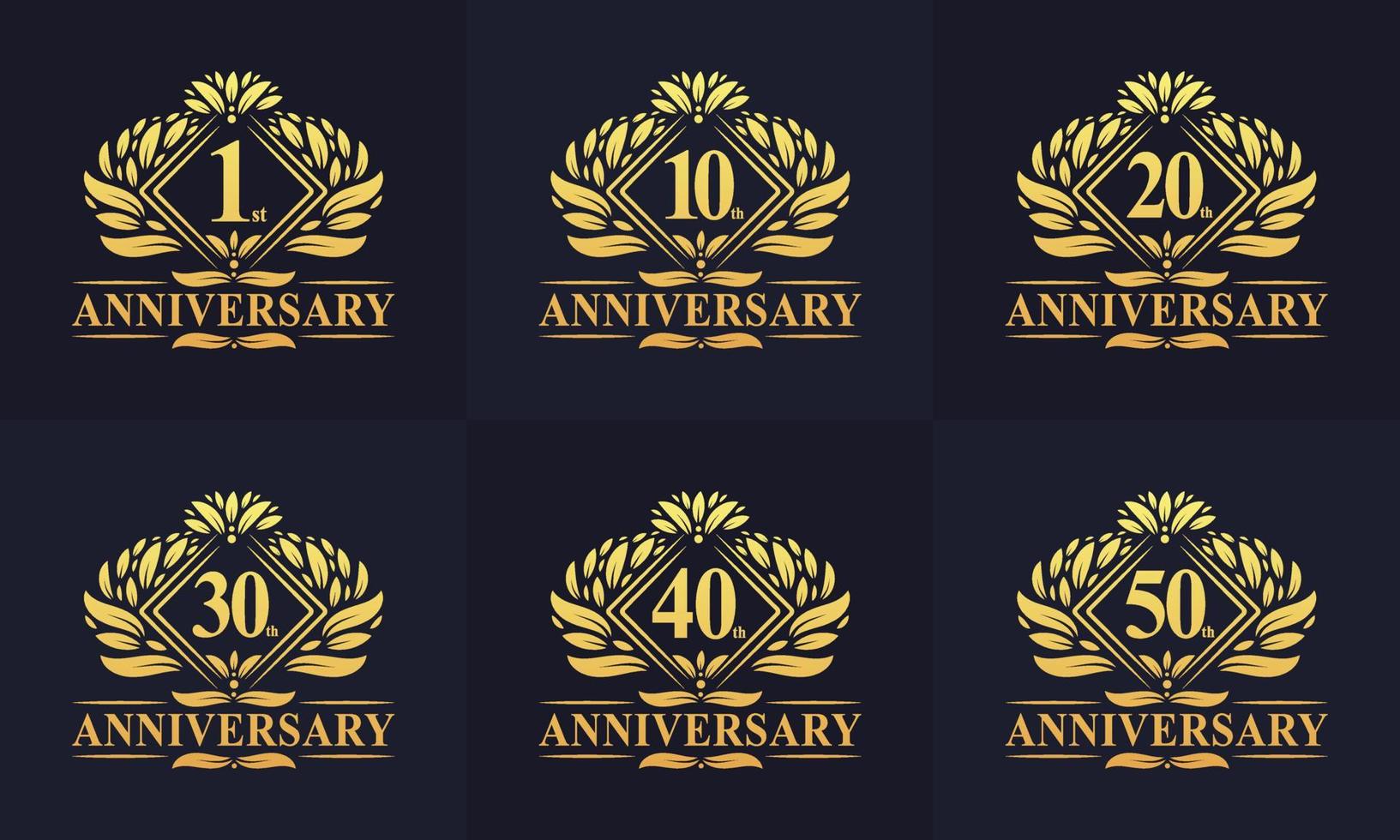 conjunto de logotipo de aniversario retro vintage. lujoso paquete de logotipos del aniversario de oro. Paquete de logotipos del 1.°, 10.°, 20.°, 30.°, 40.° y 50.° aniversario. vector