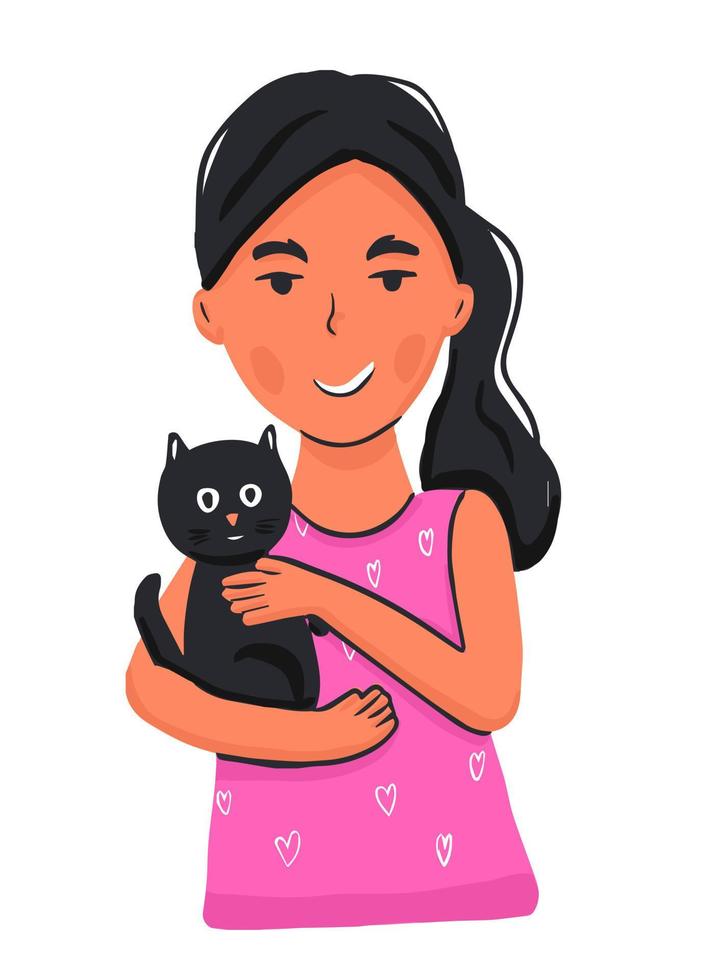 chica con gato negro vector