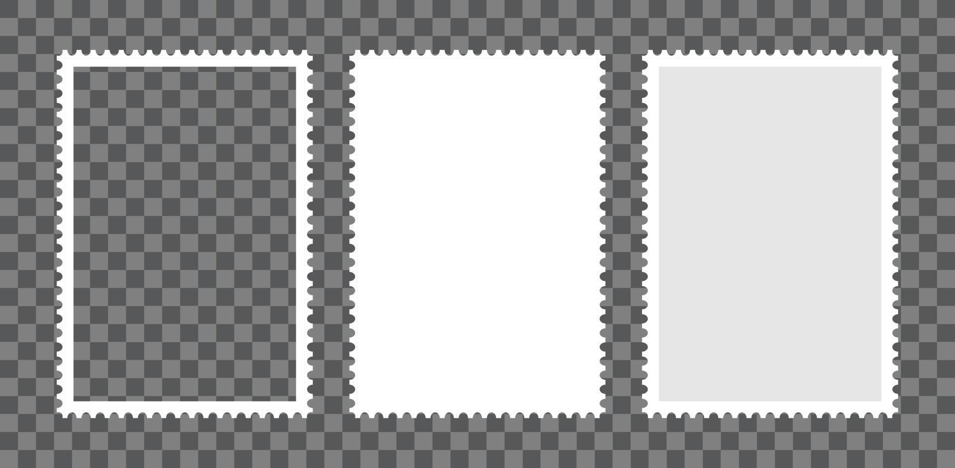 Postage stamp frames set. Empty border template for postcards and letters. Blank rectangle and square postage stamps with perforated edge. Vector illustration isolated on background