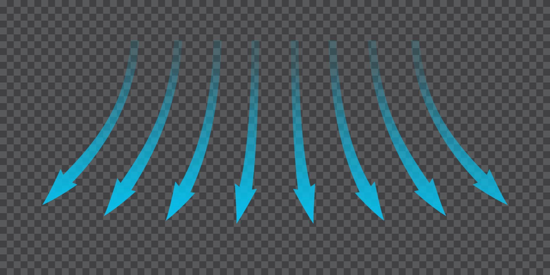 Air flow. Blue arrows showing direction of air movement. Wind direction arrows. Blue cold fresh stream from the conditioner. Vector illustration isolated on background