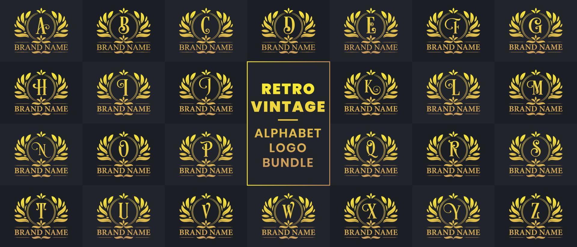 paquete de logo de alfabeto vintage retro. lujoso diseño de logotipo de letra elegante dorada mega paquete vector