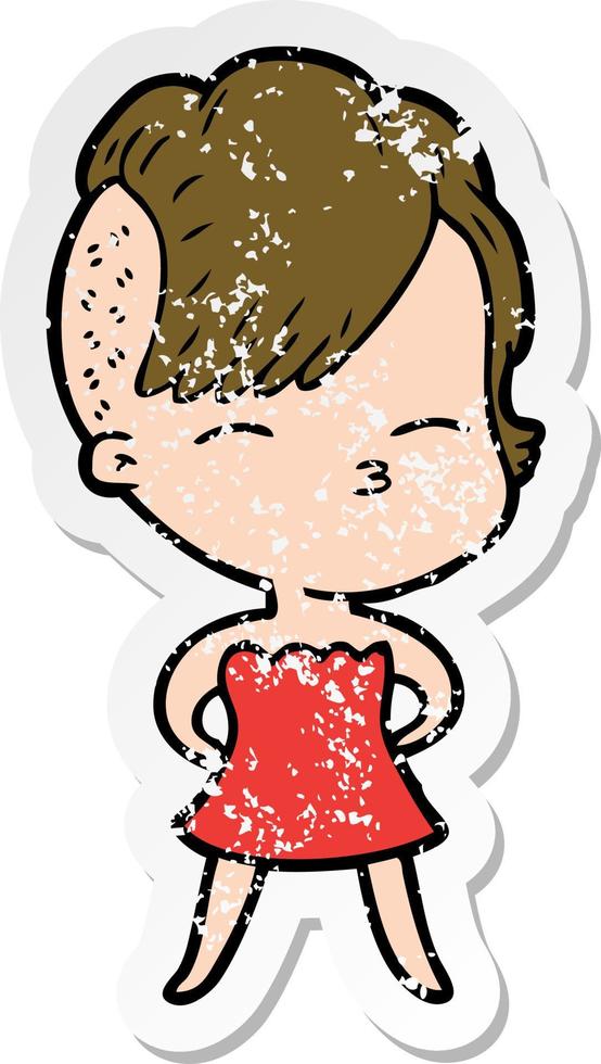 distressed sticker of a cartoon squinting girl in dress vector