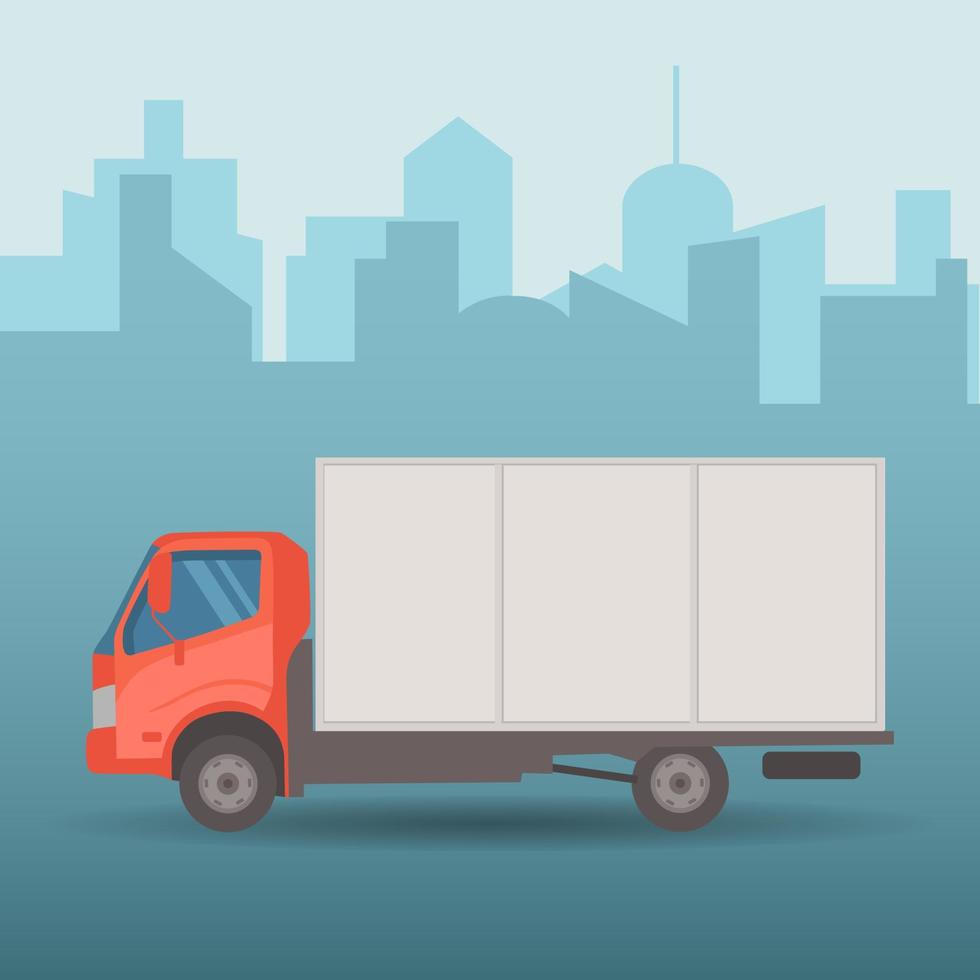 Online delivery service. Truck. The courier delivers the order by truck. The car travels with a parcel around the city. Fast food delivery by car vector