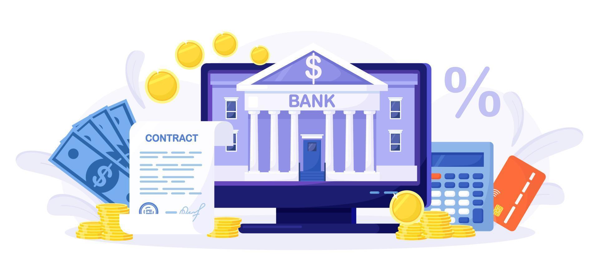 Mobile banking and internet payment. Online bank agreement. Loan contract. Financial building on computer screen. Banking Operation. Financial transactions, payments, money transfers and bank account vector