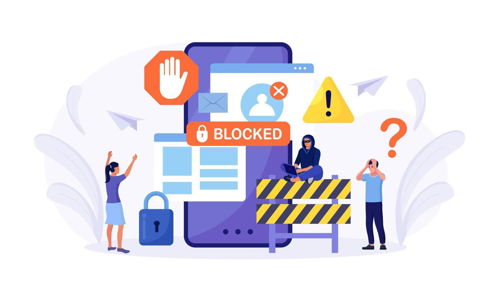 People are very surprised and feeling anxious about blocked user account. Experts help user to unblock account. Cyber crime, hacker attack, censorship or ransomware activity security vector