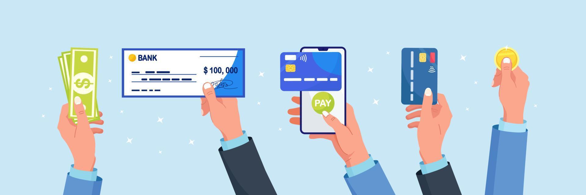 Different types of business payments. Businessman holds debit or credit card, banking cheque with signature, dollar money, coins. Phone with mobile banking app in hand. Online cashless payment or cash vector