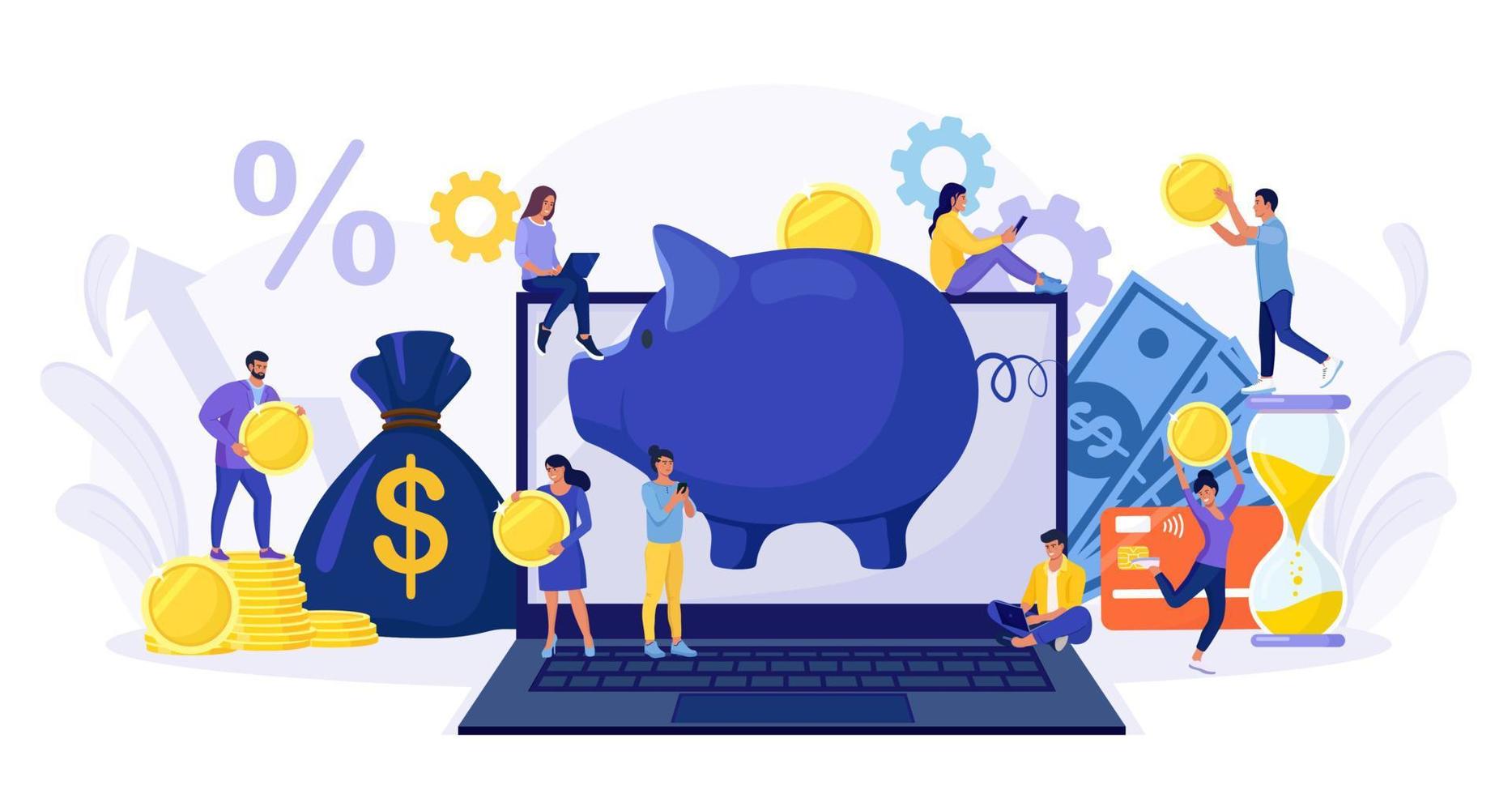 Online banking. People putting coin money into a piggy bank on laptop screen. Business investment, profit income. Exchange, savings or accumulating money. Characters using computer, smartphone vector