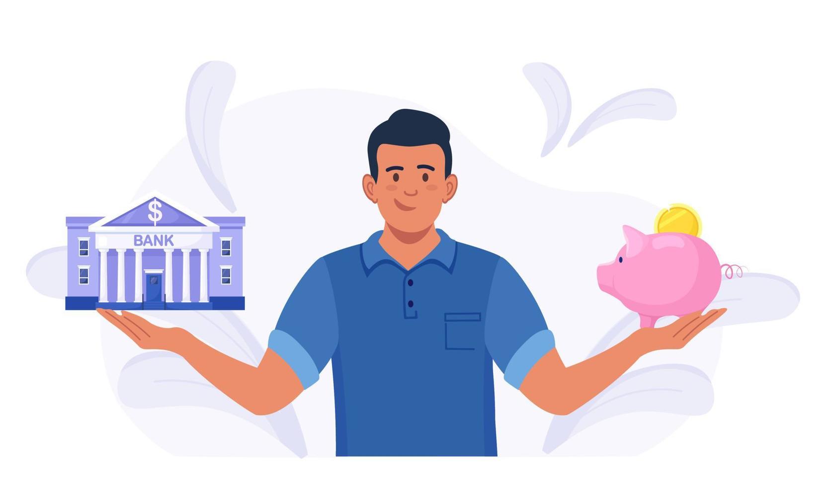 Man choosing between bank and piggybank, thinking about instrument for saving, planning budget. Money savings. investment. Bank loan and economy choice. Financial literacy vector