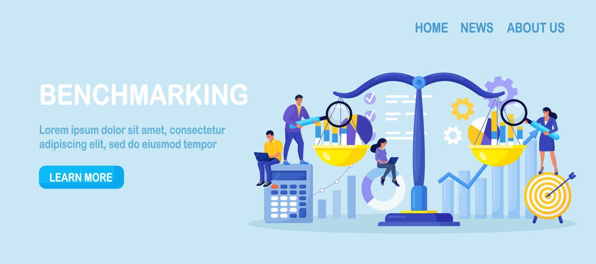 Benchmarking as business compare tool for improvement. Comparison of quality and cost, performance to competitor companies. Development strategy, plan and method vector