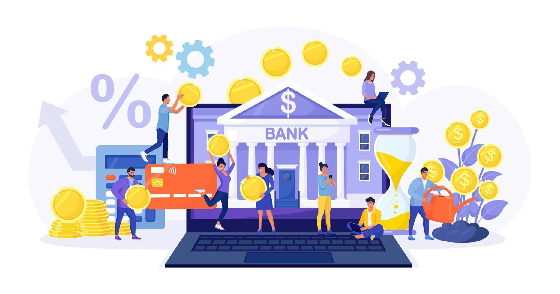 Mobile banking and online payment. People using laptop and smartphone for accounting and investment, financial audit. Bank building exterior on computer screen. Businessman watering money plants vector