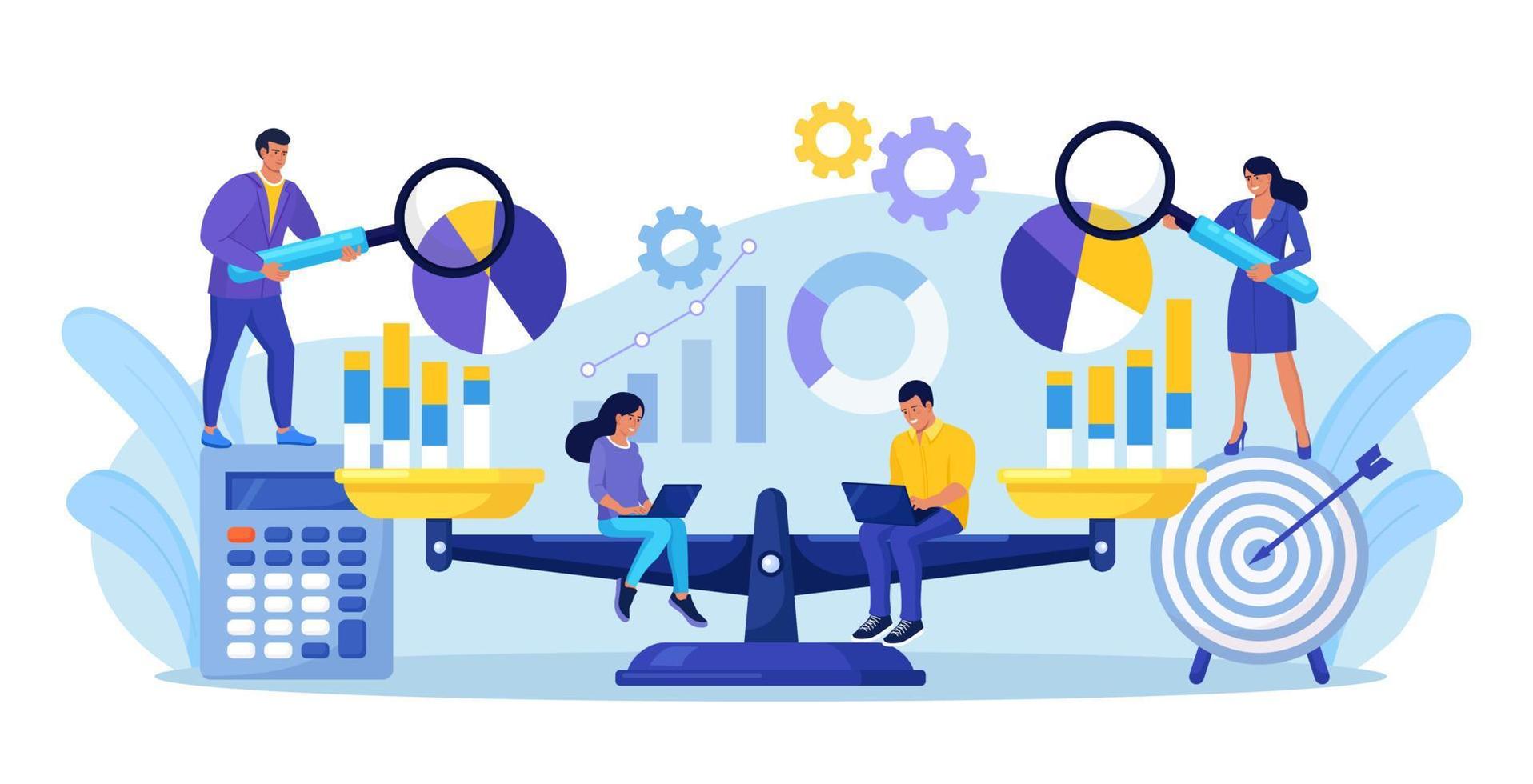 Benchmarking as business compare tool for improvement, progress. People with laptop sits on scale and balances with charts, graphs. Comparison of quality and cost, performance to competitor companies vector