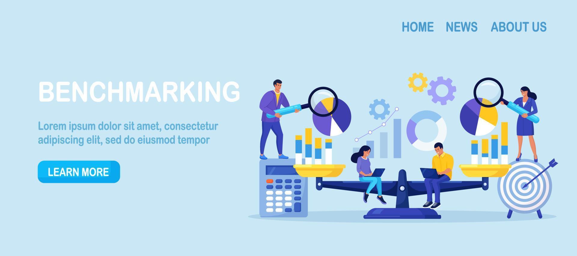 Benchmarking as business compare tool for improvement, progress. People with laptop sits on scale and balances with charts, graphs. Comparison of quality and cost, performance to competitor companies vector