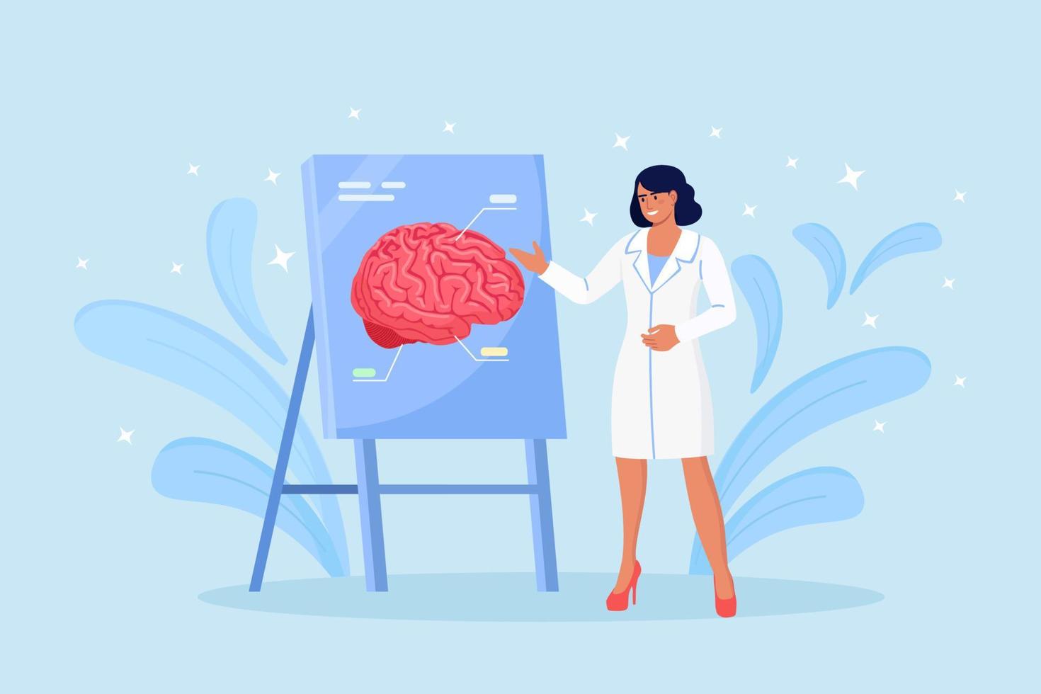 Doctor pointing on demonstration board with human brain explain its opportunities. Physician or scientist teaching about alzheimer, dementia disease symptoms, mental sickness. Medical conference. vector